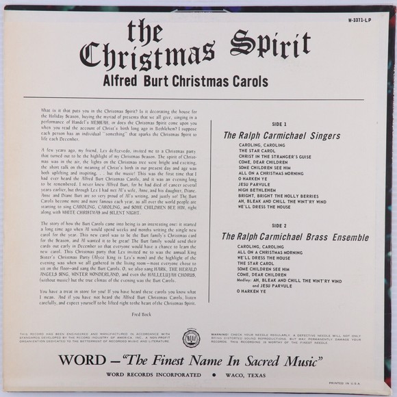 Ralph Carmichael, Christmas Spirit/Alfred Burt Christmas Carols LP Record W3371 - Picture 2 of 15